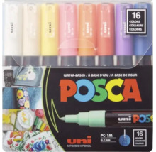 Set 16 markere Uni Posca PC-1M, pe bază de apă, grosime scriere 0,7 milimetri.