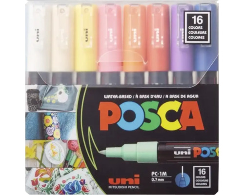 Set 16 markere Uni Posca PC-1M, pe bază de apă, grosime scriere 0,7 milimetri.