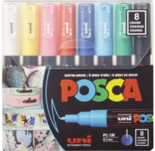 Set de 8 markere cu vopsea acrilică Uni Posca PC-1M pe bază de apă cu un vârf de 0,7 milimetri.
