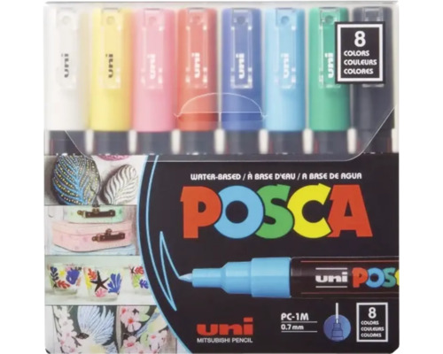 Set de 8 markere cu vopsea acrilică Uni Posca PC-1M pe bază de apă cu un vârf de 0,7 milimetri.