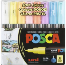 Set 8 markere acrilice Uni POSCA PC-1M culori pastelate, pe bază de apă, grosime scriere 0,7 milimetri.
