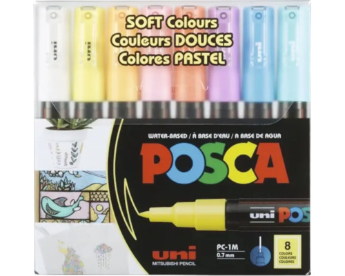 Set 8 markere acrilice Uni POSCA PC-1M culori pastelate, pe bază de apă, grosime scriere 0,7 milimetri.