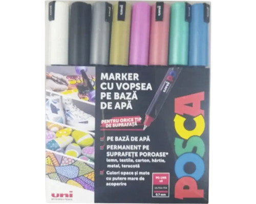 Set 8 markere cu vopsea Uni Posca PC-1MR, pe bază de apă, vârf ultra fin de 0,7 milimetri, permanente pe suprafețe poroase.