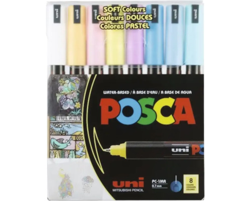 Set de 8 markere Uni Posca PC-1MR pe bază de apă în culori pastelate cu vârf de 0,7 mm.