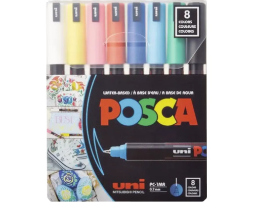 Set de 8 markere cu vopsea pe bază de apă Posca PC-1MR cu vârf fin de 0,7 mm pentru diverse suprafețe.