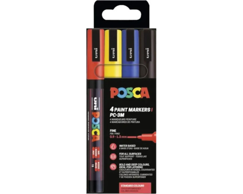 Set 4 markere Uni Posca PC-3M pe bază de apă, vârf fin 0,9 până la 1,3 milimetri, pentru toate suprafețele.