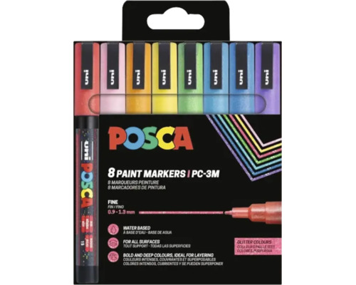 Set de 8 markere cu vopsea Posca PC-3M, vârf fin 0,9 până la 1,3 milimetri, pe bază de apă, culori cu sclipici, potrivit pentru toate suprafețele.