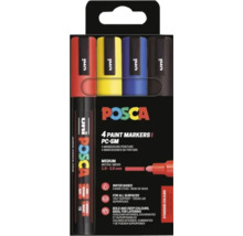 Set 4 markere cu vopsea Uni Posca PC-5M în culorile roșu, galben, albastru și negru, vârf mediu 1,8 până la 2,5 milimetri, pe bază de apă.