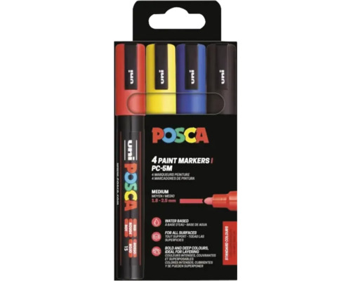 Set 4 markere cu vopsea Uni Posca PC-5M în culorile roșu, galben, albastru și negru, vârf mediu 1,8 până la 2,5 milimetri, pe bază de apă.