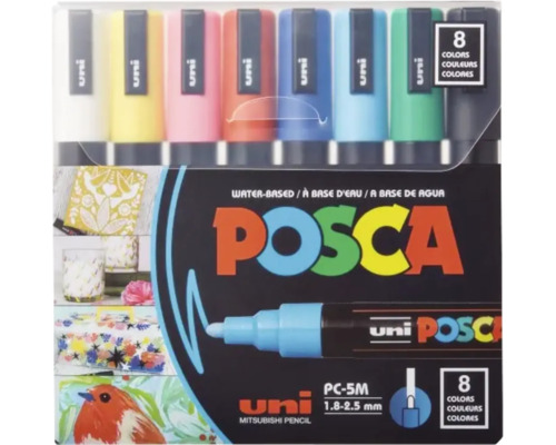 Set 8 markere pe bază de apă POSCA PC-5M, lățime linie 1,8 până la 2,5 milimetri, uni Mitsubishi Pencil Logo.