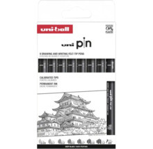 Set 8 linere Uni-ball Pin pentru desen și scriere, vârfuri calibrate, cerneală pigment permanentă, negru intens.