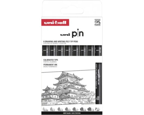 Set 8 linere Uni-ball Pin pentru desen și scriere, vârfuri calibrate, cerneală pigment permanentă, negru intens.