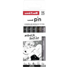 Set 5 linere pentru desen și scriere Uni-ball Uni Pin Manga Shōjo, negru intens și gri închis, cerneală pigmentată rezistentă la apă.