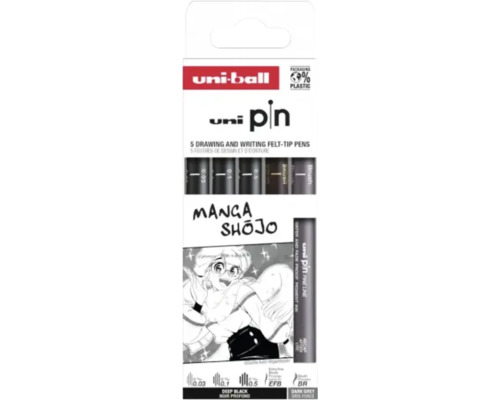 Set 5 linere pentru desen și scriere Uni-ball Uni Pin Manga Shōjo, negru intens și gri închis, cerneală pigmentată rezistentă la apă.