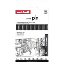 Set de 8 carioci pentru desen uni-ball pin în negru intens cu vârfuri calibrate de diferite dimensiuni și ambalaj fără plastic.