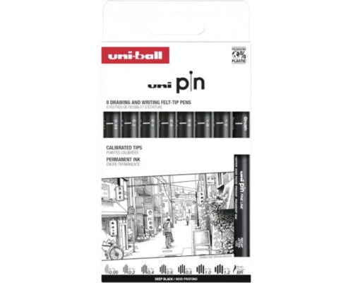 Set de 8 carioci pentru desen uni-ball pin în negru intens cu vârfuri calibrate de diferite dimensiuni și ambalaj fără plastic.