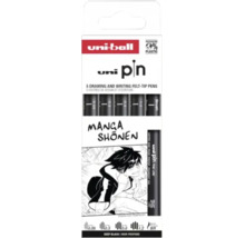 Set 5 linere Uni-ball Pin Manga Shonen, negru, grosimi 0,05, 0,3, 0,8, 1,2 milimetri și vârf tip pensulă, ambalaj fără plastic.