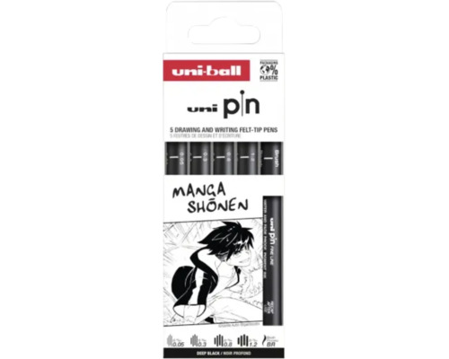 Set 5 linere Uni-ball Pin Manga Shonen, negru, grosimi 0,05, 0,3, 0,8, 1,2 milimetri și vârf tip pensulă, ambalaj fără plastic.