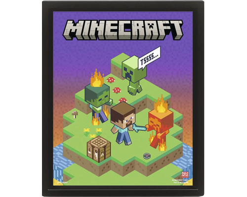 Tablou Minecraft înrămat cu Steve, Creeper, Zombie și masă de lucru în stil pixel