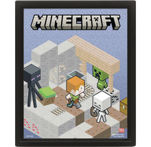 Poster înrămat Minecraft cu personajele Alex, Enderman, Creeper și un schelet într-o scenă de joc izometrică.