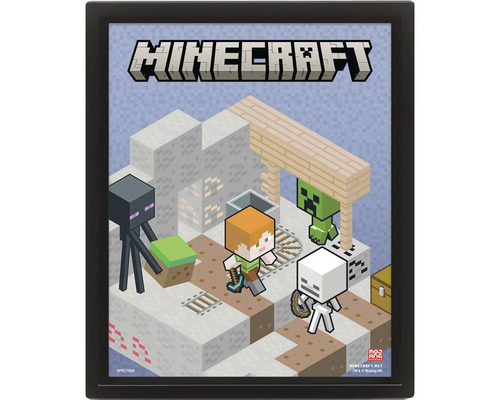 Poster înrămat Minecraft cu personajele Alex, Enderman, Creeper și un schelet într-o scenă de joc izometrică.