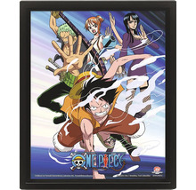 Poster lenticular 3D One Piece cu personajele Luffy, Zoro, Nami și Robin într-o ramă neagră cu logo One Piece.