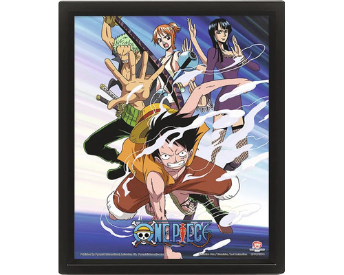 Poster lenticular 3D One Piece cu personajele Luffy, Zoro, Nami și Robin într-o ramă neagră cu logo One Piece.