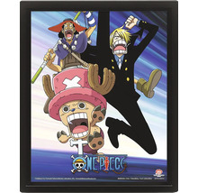 Poster tridimensional One Piece cu personajele Usopp, Sanji și Chopper într-o ramă neagră.