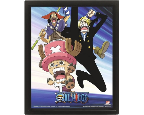 Poster tridimensional One Piece cu personajele Usopp, Sanji și Chopper într-o ramă neagră.