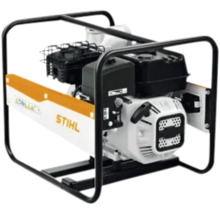 Pompă de apă pe benzină Stihl cu cadru metalic și motor cu ardere internă.