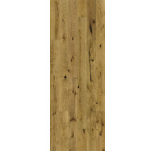Parchet din stejar rustic cu noduri și fibră vizibilă.