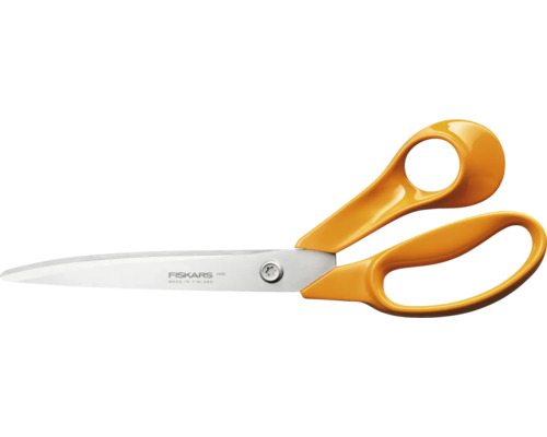 Foarfecă Fiskars cu lame din oțel inoxidabil și mânere ergonomice din plastic portocaliu.