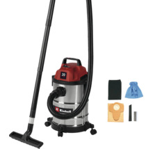 Aspirator umed-uscat Einhell cu rezervor din oțel inoxidabil de 20 litri, argintiu și roșu, inclusiv furtun de aspirare, tub, duze și filtre.