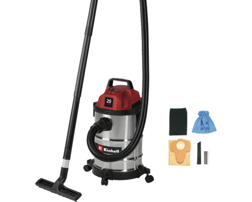 Aspirator umed-uscat Einhell cu rezervor din oțel inoxidabil de 20 litri, argintiu și roșu, inclusiv furtun de aspirare, tub, duze și filtre.