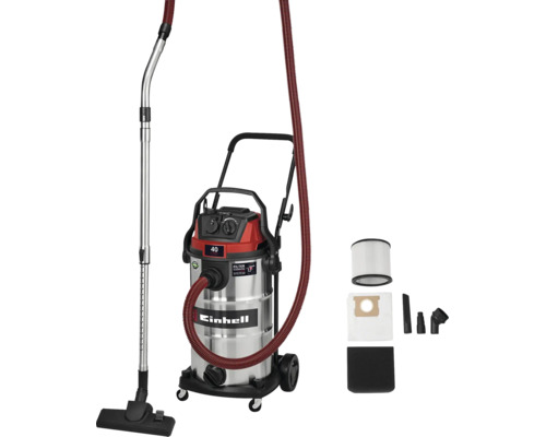 Aspirator umed-uscat Einhell cu rezervor din oțel inoxidabil de 40 litri, furtun de aspirare, tub telescopic, duză pentru podea și accesorii.