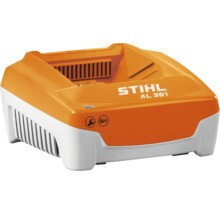 Încărcător STIHL AL 301 din plastic portocaliu și gri pentru acumulatori litiu-ion cu indicator LED.