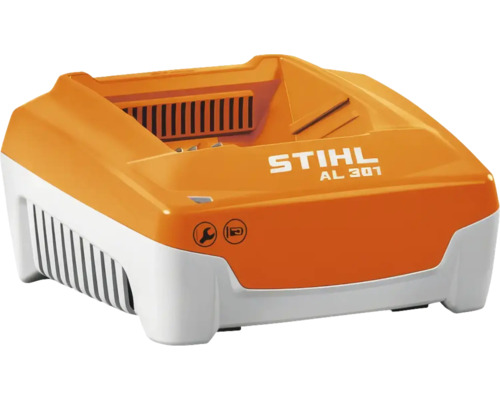 Încărcător STIHL AL 301 din plastic portocaliu și gri pentru acumulatori litiu-ion cu indicator LED.