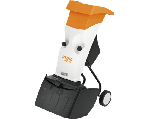 Tocător electric de grădină STIHL GHE 105 cu pâlnie de alimentare, roți și STIHL Logo.