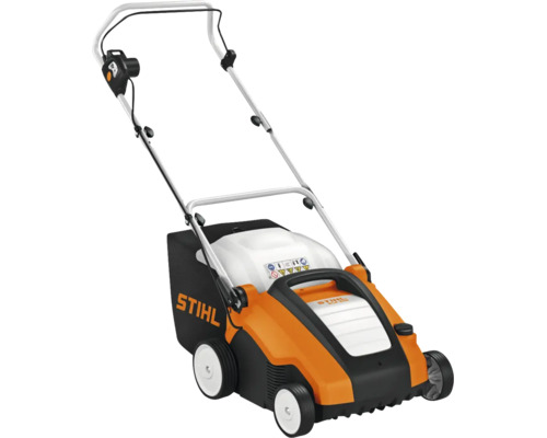 Scarificator electric STIHL RLE 240 portocaliu și negru cu coș colector pentru iarbă și mâner pliabil.