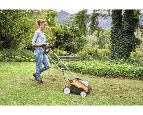 Femeie care utilizează un scarificator pe un gazon într-o grădină.
