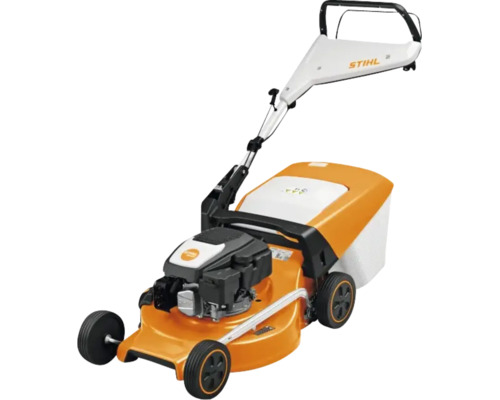 Mașină de tuns iarba pe benzină STIHL portocalie și albă cu coș de colectare a ierbii și mâner reglabil pe înălțime.