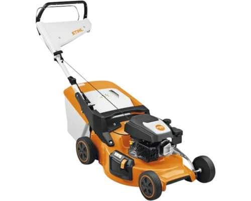 Mașină de tuns iarba pe benzină STIHL, portocaliu cu alb, cu coș de colectare și mâner negru.