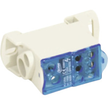 Bloc de distribuție Revon 125 Amperi, bornă de ramificație din plastic alb cu capac albastru transparent.