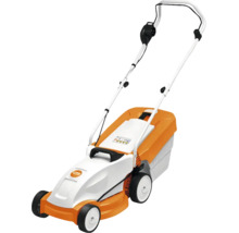 Mașină de tuns iarba electrică STIHL RME 235 cu sac colector și mâner pliabil.