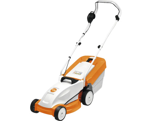 Mașină de tuns iarba electrică STIHL RME 235 cu sac colector și mâner pliabil.