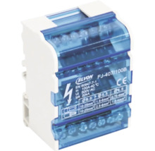 Bloc de distribuție Elvon FJ-407/100B, 100 Amperi, 500 Volți curent alternativ, norma EN 60947-7-1, carcasă din plastic cu borne cu șurub.