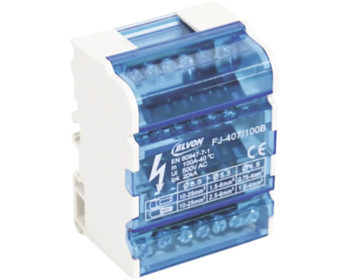 Bloc de distribuție Elvon FJ-407/100B, 100 Amperi, 500 Volți curent alternativ, norma EN 60947-7-1, carcasă din plastic cu borne cu șurub.