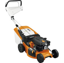 Mașină de tuns iarba pe benzină STIHL cu coș colector și mâner reglabil pentru îngrijirea grădinii.