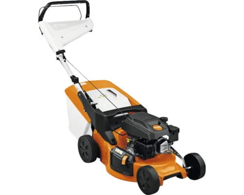 Mașină de tuns iarba pe benzină STIHL cu coș colector și mâner reglabil pentru îngrijirea grădinii.