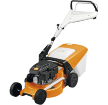 Mașină de tuns iarba pe benzină Stihl cu coș colector și mâner reglabil.